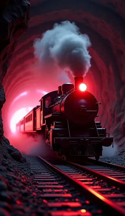 A extremely masterpiece 8k 3d animation image of a very sharp clean black train passing under a tunnel with smoking on his engine and his headlight is scattering with neon red colour with very black darkness night 