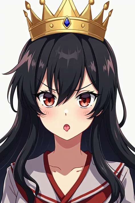 anime solo ,  black hair,  sticks out his tongue ,  long hair, bangs,  scornful eyes,  simple background, crown, 