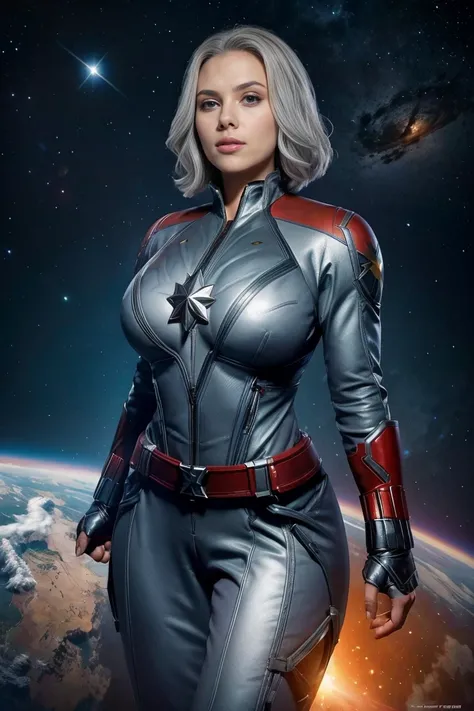 MILF, Busty 30 Yo, Silver Hair, Captain Marvel, Floating on Space, Wide Hips, Breasts,