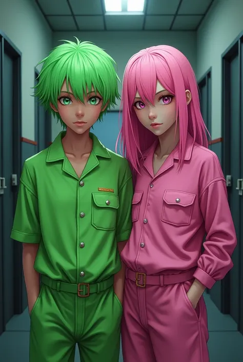 A boy with bright green hair in a bright green prison suit and a girl with pink hair in a pink prison suit who went to jail under a disgraceful framing