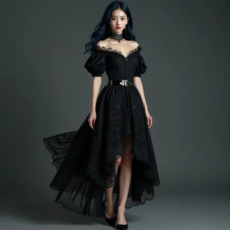 Full body shot of a ,  beautiful, Korean with delicate skin, with long navy blue hair and dark blue highlights wavy and long, she is wearing a deep black dress with an elegant gothic style, with a short length, above the knee, in intricate embroidery detai...