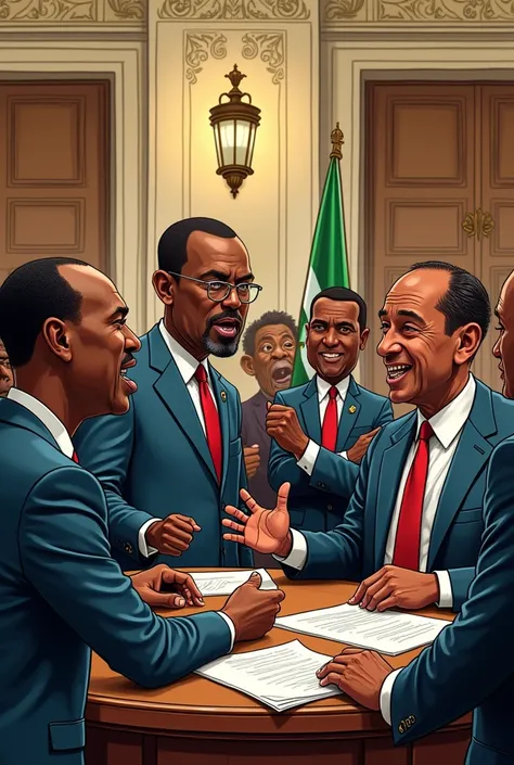 A cartoon of  African politicians acting hypocritically in session 