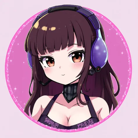 twitch emote of Luna Cyborg, a girly cyborg fairy, fair pale white skin, dark brown long layered hair, bangs, dark brown eyes, downturned eyes, gaming headset, kawaii, cyberpunk technology, cyberware, sharp features, circle frame