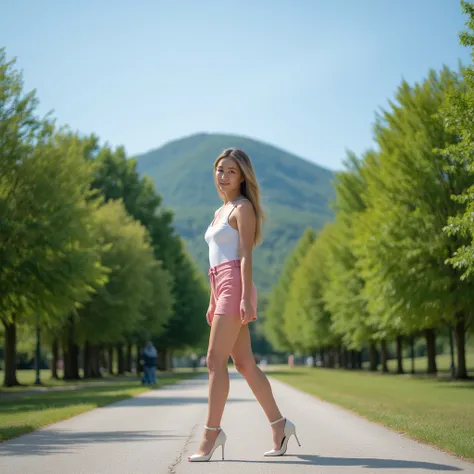 woman confidently walking outdoors on a paved path surrounded by lush green trees and hills under a clear blue sky. , and white high heels, giving off a stylish and casual summer vibe. The background features a serene park setting with soft natural lightin...