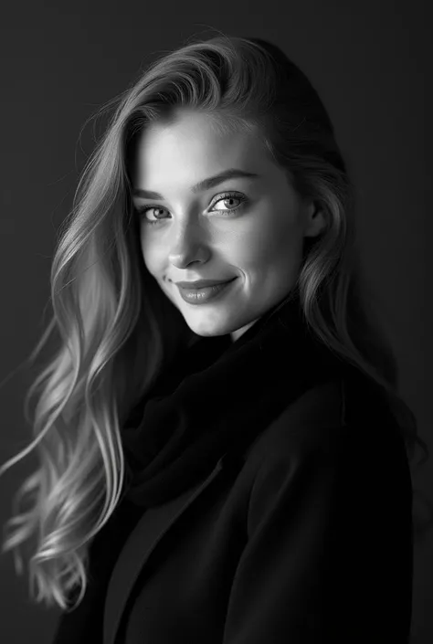 

Minimalist black-and-white photography of a pretty red head teen model, with  smiling, round face, long hair, wearing a scarf, inspired in the style of Yves Saint Laurent with high-contrast shadows. Classy, highly detailed, contrasted photo studio backgr...