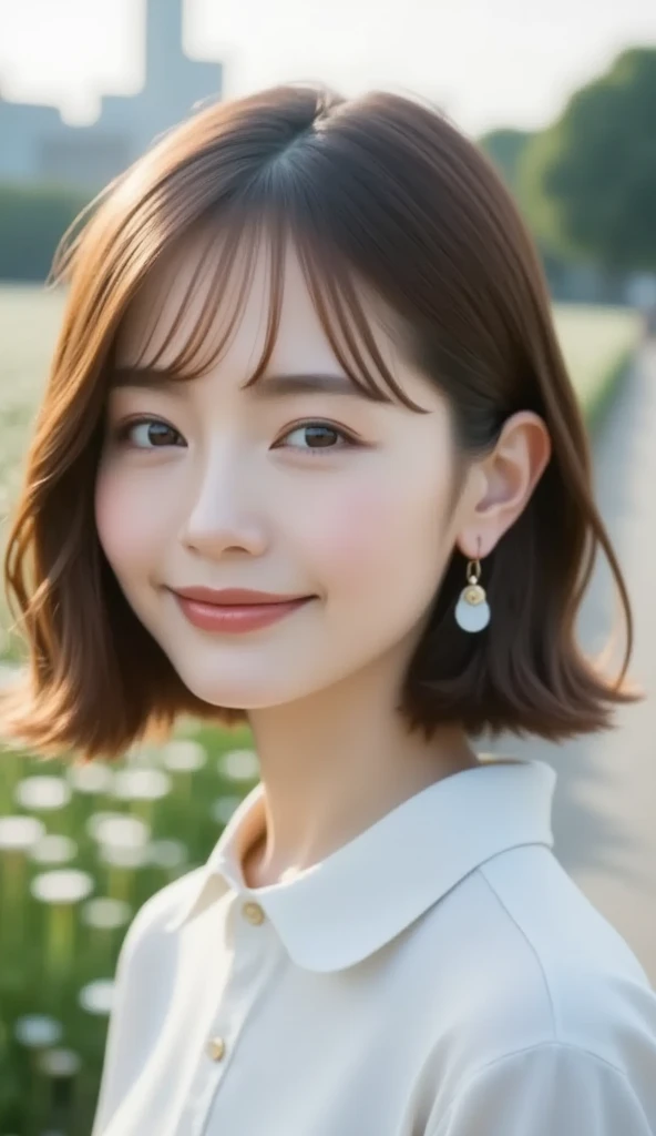 (  Masterpiece  ,   top quality :1.2),  Japanese 、 one girl, , cute,  expressionless, Alone, small nose, Small red cheeks and nose, 非常にcute表情,  short bob , wave hair、  flat chested、whiteＴ shirt、 blurry background、garden、Promenade、Flower Field