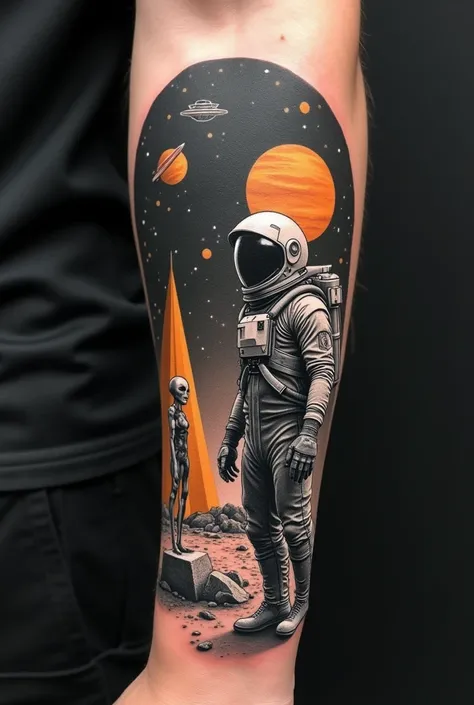 Create a realistic tattoo on a forearm in black and gray. 
 Create a beautiful sky with a single orange planet ,  a flying saucer and lots of stars and comets .  Create Many Stars in the Sky .  Create everything in an extremely realistic tattoo on a forear...