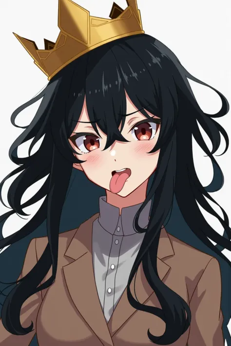 anime solo ,  black hair,  sticks out his tongue ,  long hair, bangs,  scornful eyes,  simple background, crown, 