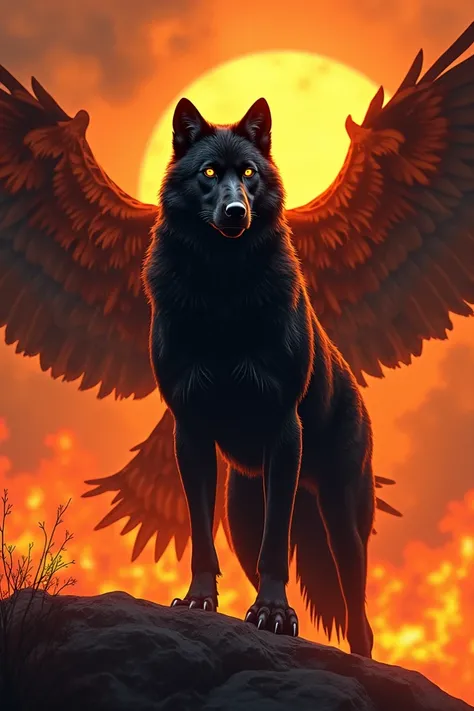 Make me a black wolf logo on the background of a giant fire eagle