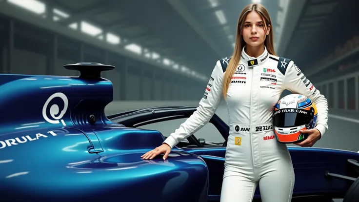 Female Formula 1 driver ,  standing next to her blue Formula 1, debout dans sa combinaison blanche