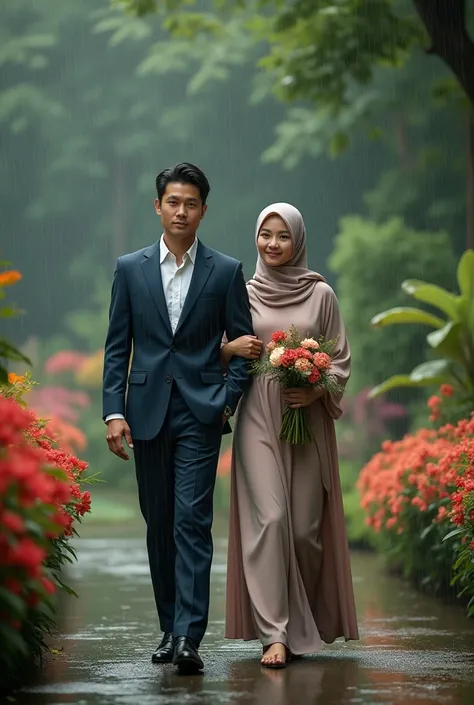 Photography profesional menampilkan seorang laki laki (ganteng , putih, wajah asia, sedang pose pandangan ke depan kamera, dengan seorang perempuan (hijab, cantik, wajah asia), sedang berjalan di kala hujan dengan membawa payung, dengan latar belakang di t...