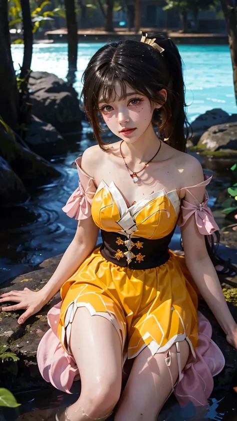  High resolution ,  high detail,  High Quality , Sea of Trees，rainwater，portrait，  Game Character Set ，Water Element， Climatologist ， Cute Girl ，1  ， Long Ponytail , Wearing Yellow Dress，  Wave Skirt ， Details， precise， Sparkle Effect , , 