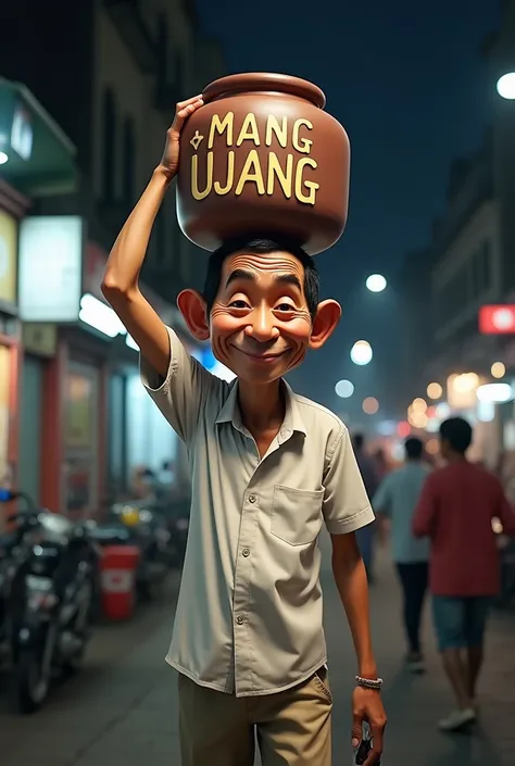 4d logo name, (MANG UJANG), 70 year old male, Indonesian male caricature, with real human skin color, short black hair, clear wrinkles, wearing a white shirt and trousers, selling glass drinks, carried on the head the name (MANG UJANG) is embossed, on the ...