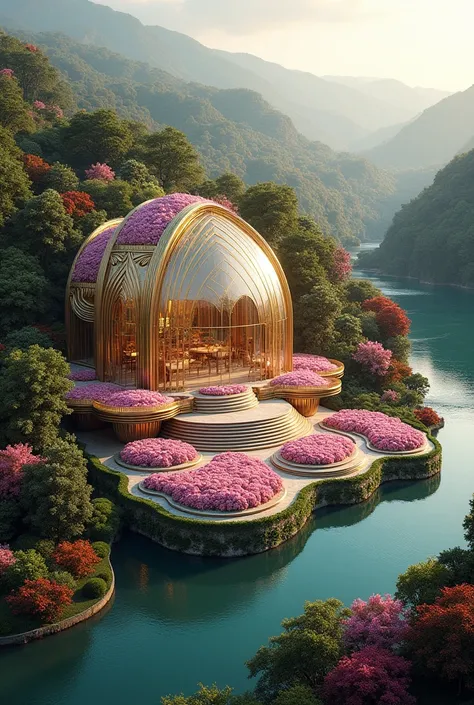  A unique house created by famous architects with the most expensive property opened the earth banglow shaped roses blooming in glass blue and golden lines looking luxurious , very majestic from above background of river trees flowing green trees as many b...