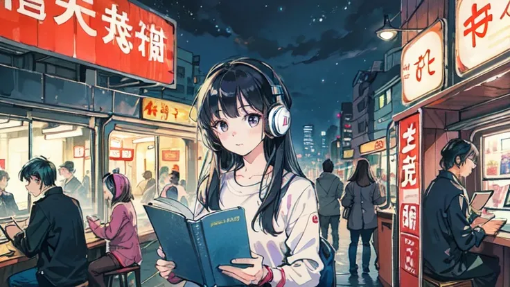  studying、Woman wearing headphones、 nostalgic 、station、 80s style city pop style illustration、night