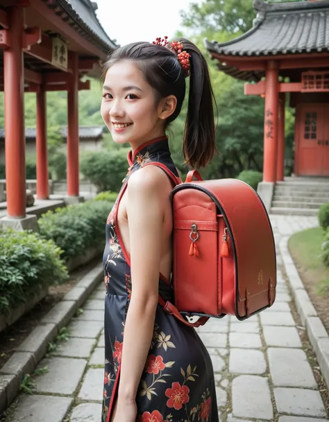 best quality,masterpiece,1girl,solo, thin body, highly detailed beautiful face and eyes, smile, ,black hair,medium hair, ponytail, hair ornaments, traditional ornaments flat chest,skinny,slender, wearing, wearing Chinese dress, Chinese traditional dress, f...