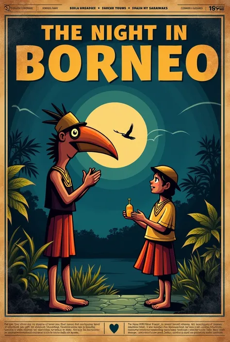 Make a Poster with a old newspaper design portraying the culture of Sabah and Sarawak. With the title "THE NIGHT IN BORNEO" make it nightime. It is possible to add a hornbill and people wearing cultural Sabah and Sarawak clothing