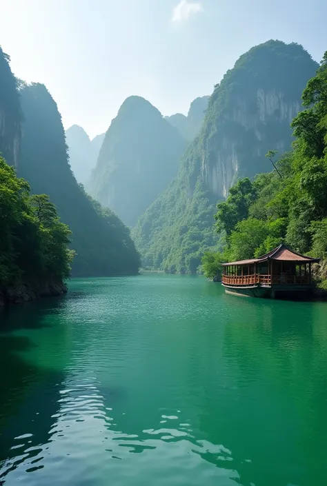  Libo Xiaoqikong Scenic Area，Guizhou Wonderland ， called the “mirror of the ground” ， The scenery is spectacular ，There are mountains、There is a boat、 with rippling green waves ， ultra-wide viewing angle ， Ultra High Definition， ultra-fine - scale 2 : 3 - ...