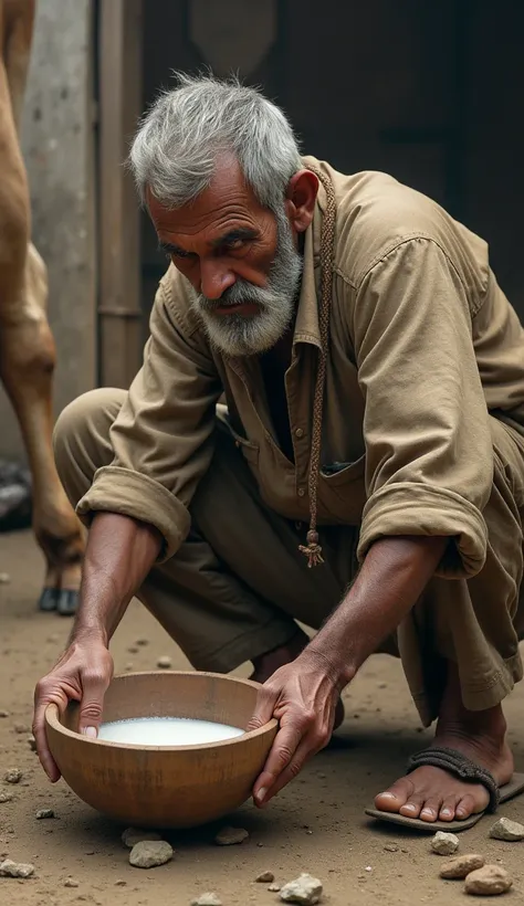 একটা গরীব কৃষক লোক গরুর দুধ দুয়ে বাটিতে রাখছে।