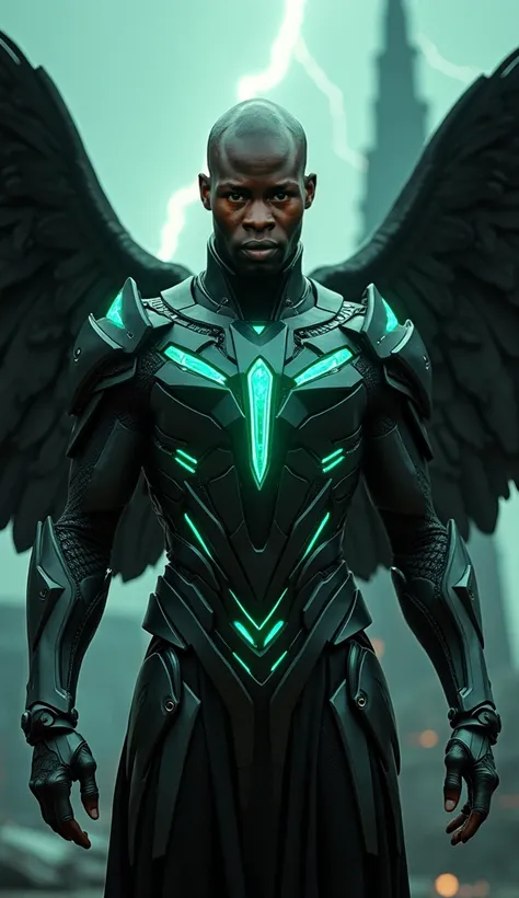 Ultra realistic image, celestial winged creature portrayed by Djimon Hounsou, his rich, deep brown skin glowing under a cold silver light, revealing the natural textures and contours of his strong, chiseled features. His piercing dark eyes reflect wisdom a...