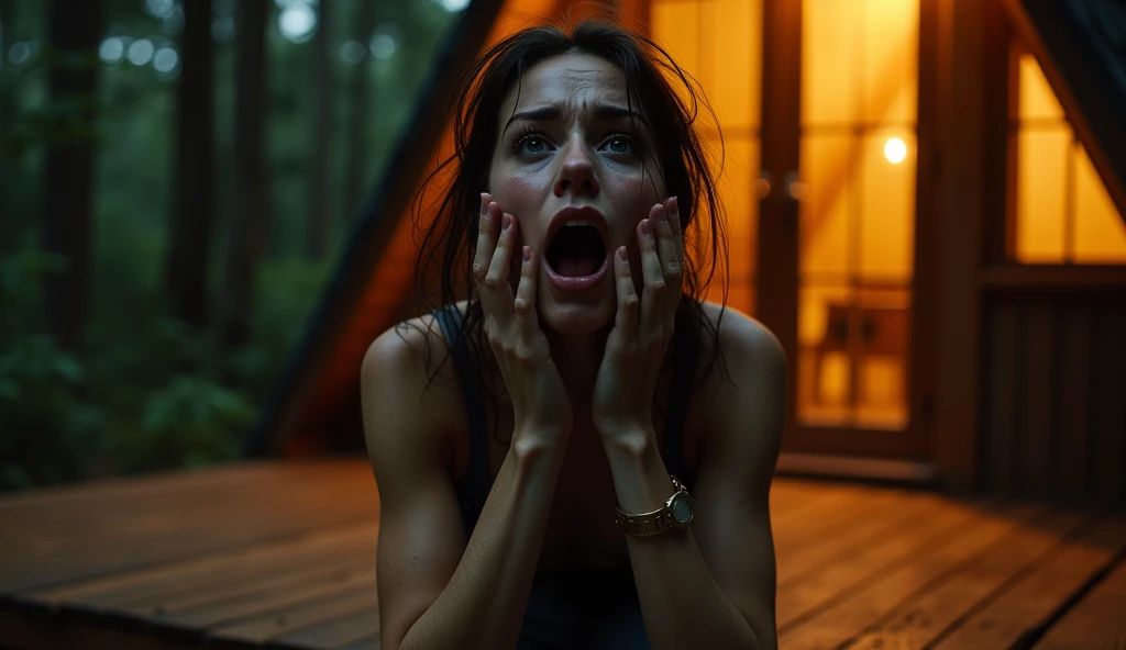 A hyper-realistic and emotionally intense close-up of a stunningly beautiful woman kneeling on the wooden deck of a warm, glowing A-frame chalet in the middle of a dense Brazilian forest at night. The focus is on her face, illuminated by the soft, golden l...