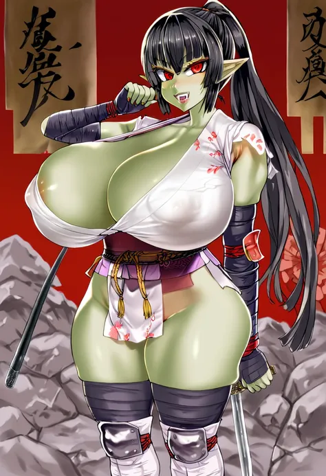 ((small stature)), Goblin Girl , green skin, (( huge boobs)),  ponytail,  dark hair ,  red eyes, samurai, Japanese armor, Asanagi, huge breasts, katana,