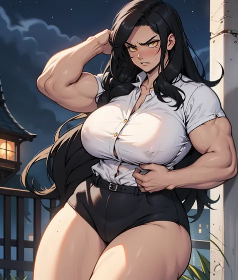 1girl muscular muscular muscular toned body huge muscles thick thighs thick thick thick solo black hair yellow eyes very long hair pale skin angry blushing girl night time, blouse imprimted With the phrase "shut UP"