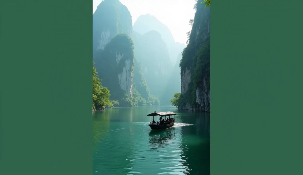  Libo Xiaoqikong Scenic Area，Guizhou Wonderland ， called the “mirror of the ground” ， The scenery is spectacular ，There are mountains、There is a boat、 with rippling green waves ， ultra-wide viewing angle ， Ultra High Definition， ultra-fine - scale 2 : 3 - ...