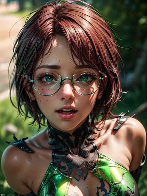 portrait,  close-up ,  upper body.  short,   red hair ,  green eyes ,  glasses with metal frames, green nightshirt , joyful smile, funny girl  . (masterpiece,  high quality ,  top quality ,  official art ,  beautiful and aesthetic :1.2),  extremely detaile...