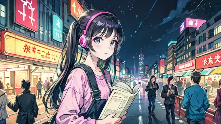  studying、Woman wearing headphones、 nostalgic 、The background is the station、 80s city pop style illustration、night、 twin tails