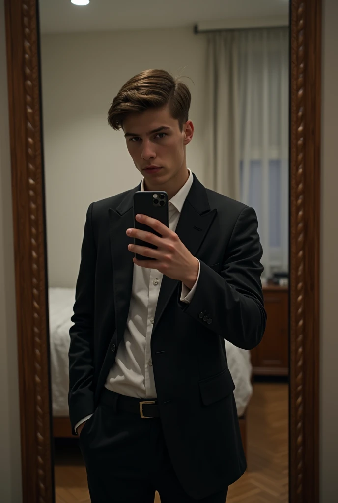  Selfie of a 21-year-old boy dressed in a suit in front of his mirror ( half of his cell phone covers his face ) Use flash 