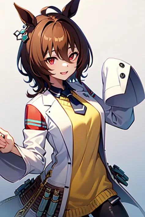  Agnes Tachyon 、Horse Girl、One person、 girl、Horse ears、Horse tail、 earring on one side 、Red eyes、 lines in eyes 、 shorthair、 brown hair 、Jacket、（White coat:1.2)、(bigger sleeve than wrist :1.1)、 yellow big sweater、 ties、 black pantyhose 、Stray hair、best qua...