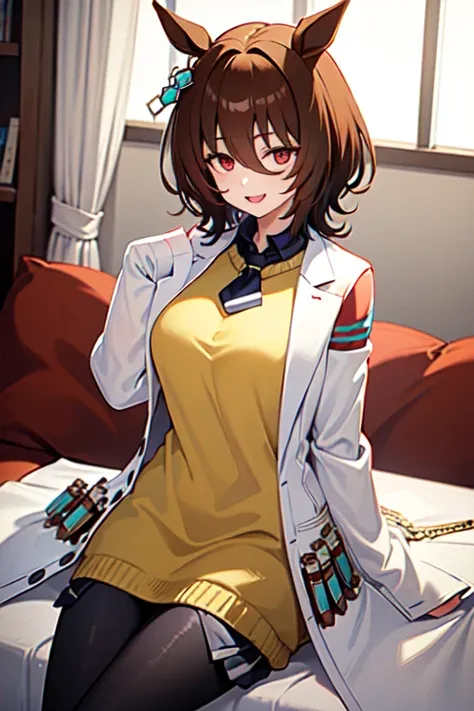  Agnes Tachyon 、Horse Girl、One person、 girl、Horse ears、Horse tail、 earring on one side 、Red eyes、 lines in eyes 、 shorthair、 brown hair 、Jacket、（White coat:1.2)、(bigger sleeve than wrist :1.1)、 yellow big sweater、 ties、 black pantyhose 、Stray hair、best qua...