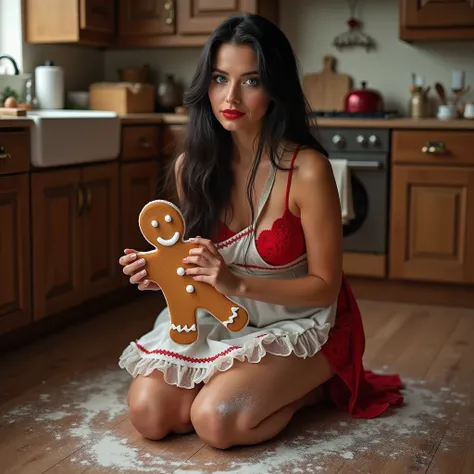 Realistic image In a kitchen with a wooden floor she is kneeling beautiful woman perfect blue eyes , Beautiful makeup red lipstick ,  shiny skin  ,  very black silky super long and smooth hair is wearing sexy red lace lingerie and Christmas apron in white ...