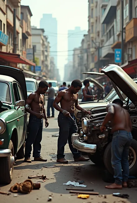 Black men taking apart cars in the city of Maputo 