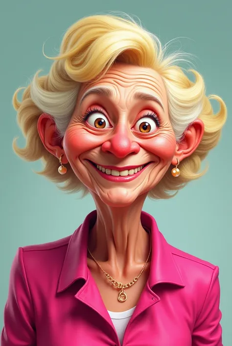  Create a picture of an older ,  funny woman named Aunt Dörte . And she should be strikingly bright ,  wear pink things .  She should have blonde hair and look funny.