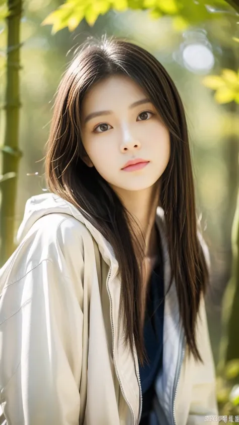 super quality、 ultra high resolution、8k、prety、The most beautiful woman in the world、（ brown long hair:1.5）、Small face、Thin, thin eyebrows 、daytime、forest、realistic、（ White jacket :1.5）、 scarf、Sad Expression 、 sexy pose、
