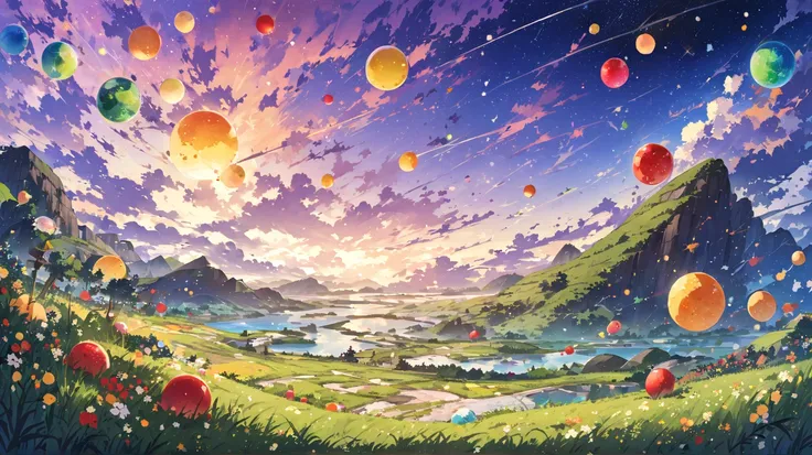 (masterpiece、Ultra fine、 top quality、 super high resolution、8k)、(Distant landscape painting :1.3)、( Many fruit celestial bodies floating in the sky :1.3)、 fantasy otherworldly townscapes and grasslands、Bright impression。