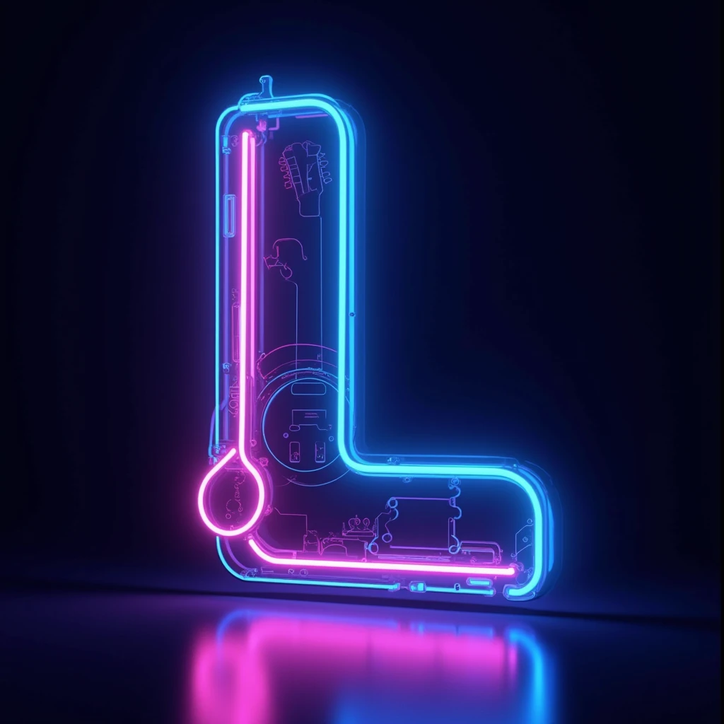 8K neon logo image of letter L , acoustic guitar theme digital art