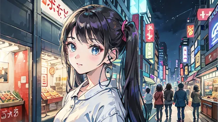  woman with headphones、 nostalgic 、 80s city pop style illustration、night、Ginza、 twin tails