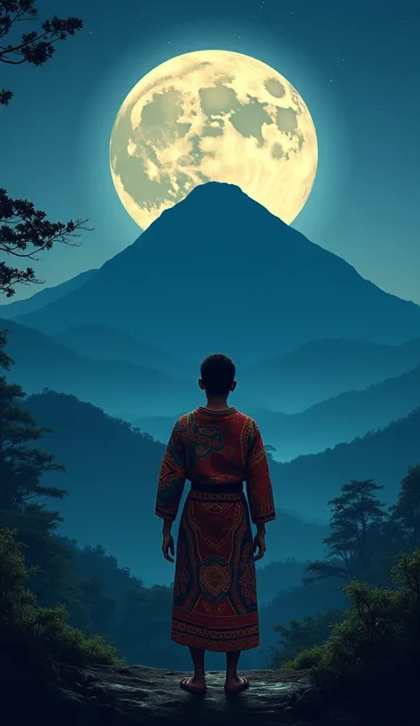 by referring to this design, make this poster a Night time with the Title THE NIGHT IN BORNEO. make sure the person there wears the Sarawak clothing. The background must have mount Kinabalu and moon