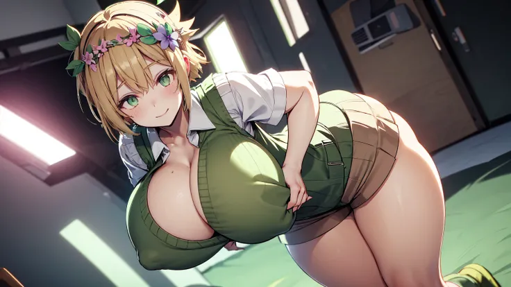 Super huge big breasts breast enlargement Look at the camera and smile full-body shot,enormous breasts, slender, ,omori basil, blonde hair head flower white shirt short sleeves sweater vest brown shorts, green hair head wreath overalls