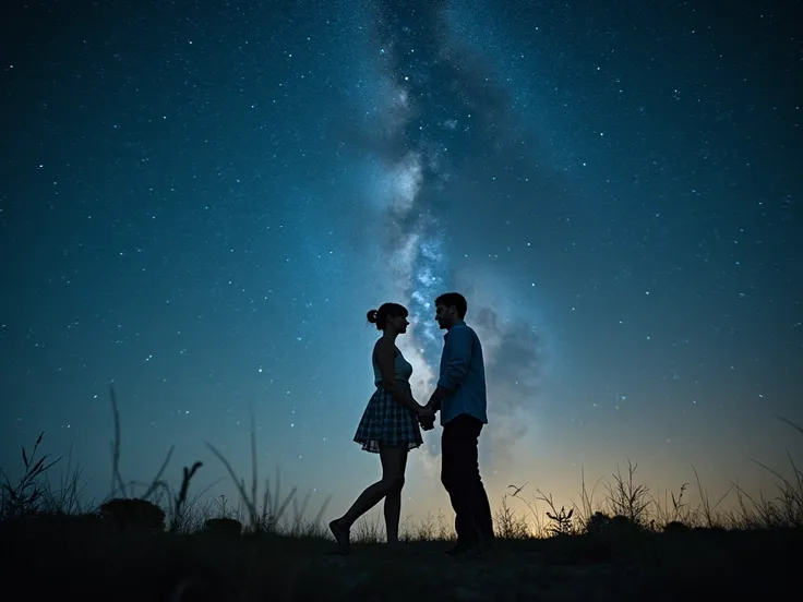 starry sky, very beautiful man and woman in mini skirt looking at each other, walking holding hands, smiling at each other, against the background of starry sky, sparkling stars and Milky Way, starry sky, surreal fantasy style, her haircut is a mini Pixie,...