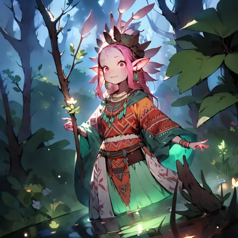  A humanoid creature a pink axolotl salamander with white spots.  She has delicate features ,  outer ears that resemble the gills of an axolotl ,  big expressive eyes ,  and long hair that mixes with gills .  Her skin is slightly translucent , with a moist...