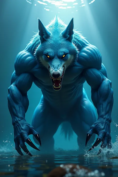 A muscular hybrid creature ,  combining characteristics of a wolf and a shark .  The creature has a muscular body ,  shark-headed with sharp teeth ,  blue coat similar to that of a wolf-like , and sharp claws.  It is in an aquatic environment ,  with surro...