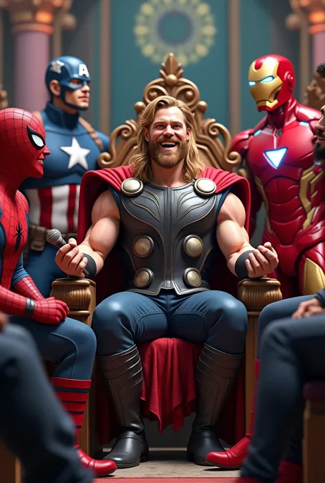 Thor is holding a mic while sitting on a carved chair, right and left are Spiderman, Captain America, Iron Man, everyone is laughing.