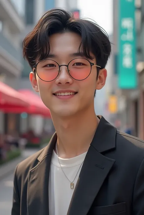 Korean man, middle part hair, peach pink-ish coloured round lense glasses