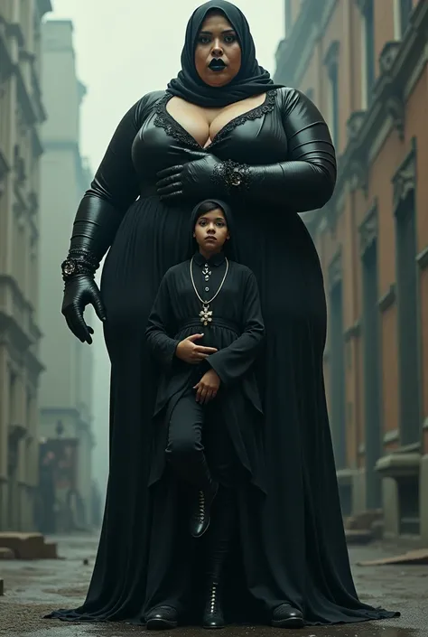 Hijab lady high heels goth makeup black lips satin gloves big tits big ass and very tall giantess very muscular woman hugs a very  short smal man standing and lift him up