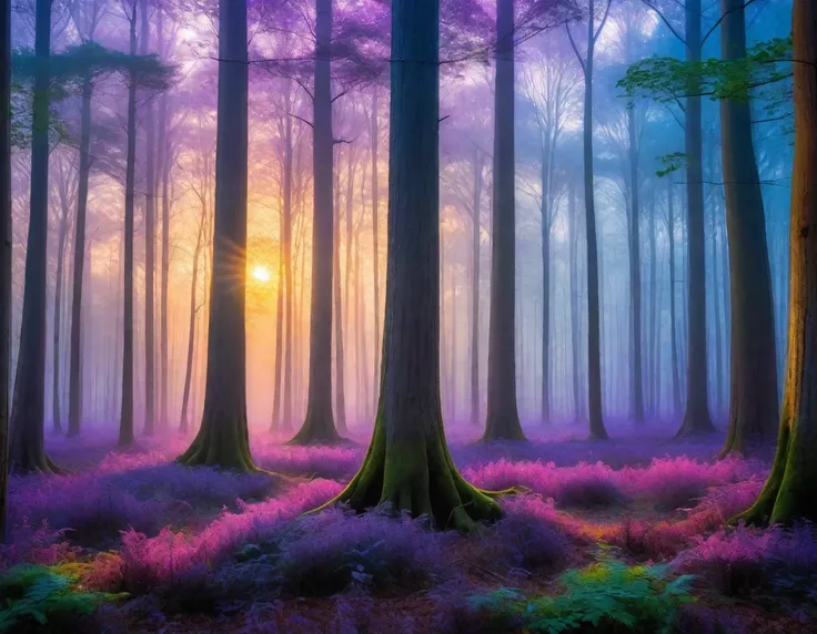 Best quality, high resolution, best composition, forest at dusk, a grove of very tall, thin-trunked trees, whose leaves are vibrant shades of purple and blue, dense undergrowth, a golden mist in the sky, the sun peeking through the mist between the trees, ...