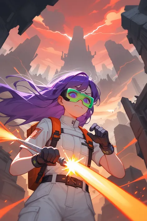 Solo, upper body, from below, nervous expression, Girl harvesting onyx cystal formation with saw blade, sparks, purple eyes, purple hair, long hair, hair blowing in wind, swept, bangs, thin, green tinted goggles, wearing white jumpsuit, large backpack, bra...